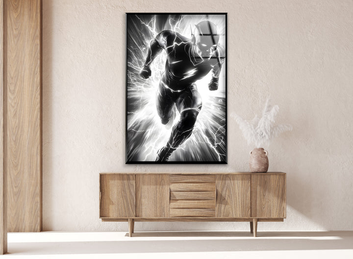 The speed and power of The Flash come to life in a stunning black and white glass wall art piece.
