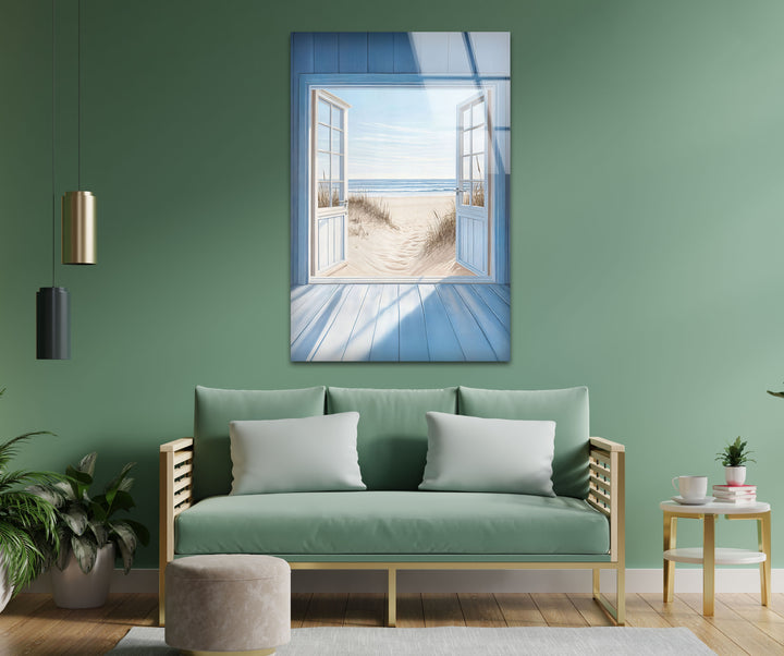 Blue Retreat – Glaswandkunst mit offenem Strandblick