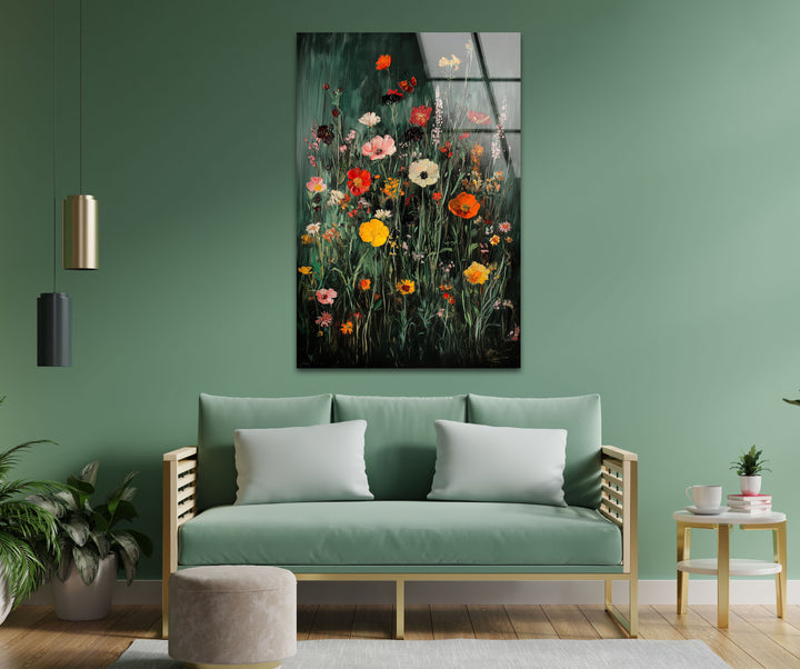 Lebendige Wildblumen in voller Blüte – Moderne florale Glaswandkunst