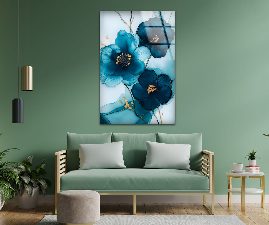 Midnight Bloom – Elegante blaue florale Glaswandkunst