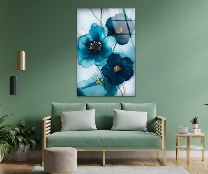 Midnight Bloom – Elegante blaue florale Glaswandkunst