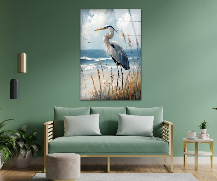 Majestic Heron by the Shoreline - Animal Glass Wall Art