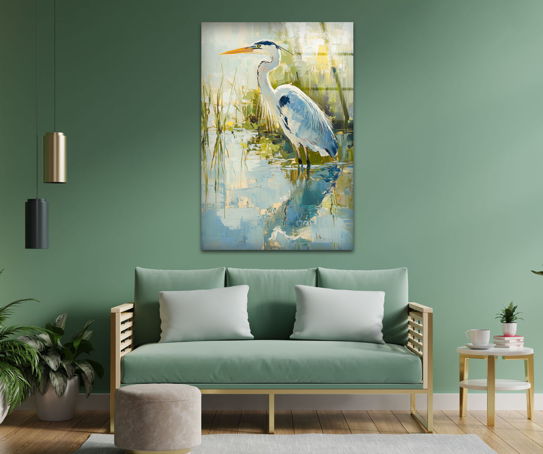Anmutiger Reiher am Wasser – Ruhige Natur Glaswandkunst