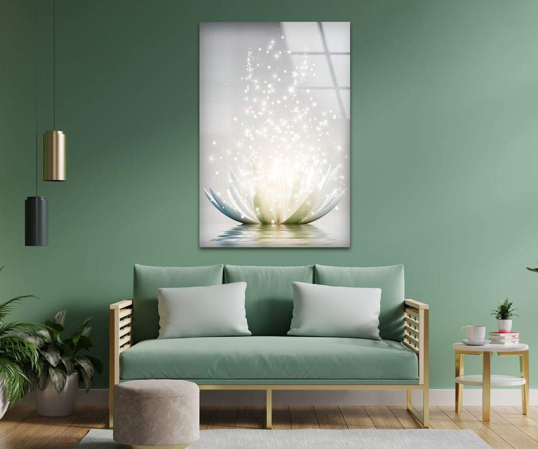 Leuchtende Lotusblüte – Funkelnd weiße Glaswandkunst
