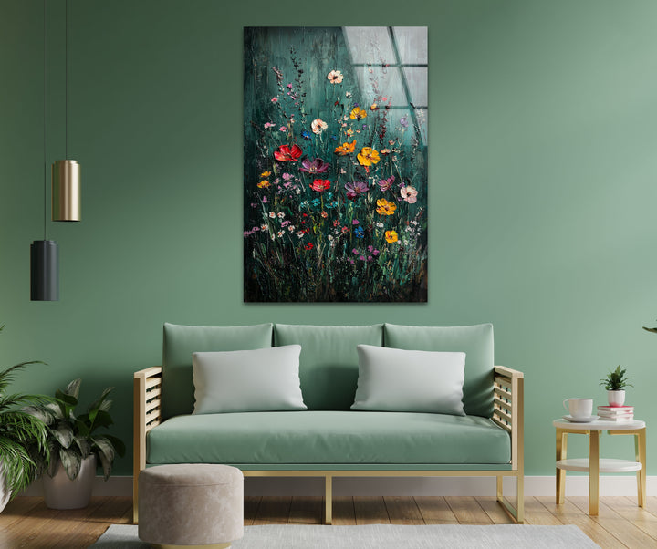 Lebendige Gartensymphonie – Strukturierte Blumen-Wandkunst aus Glas