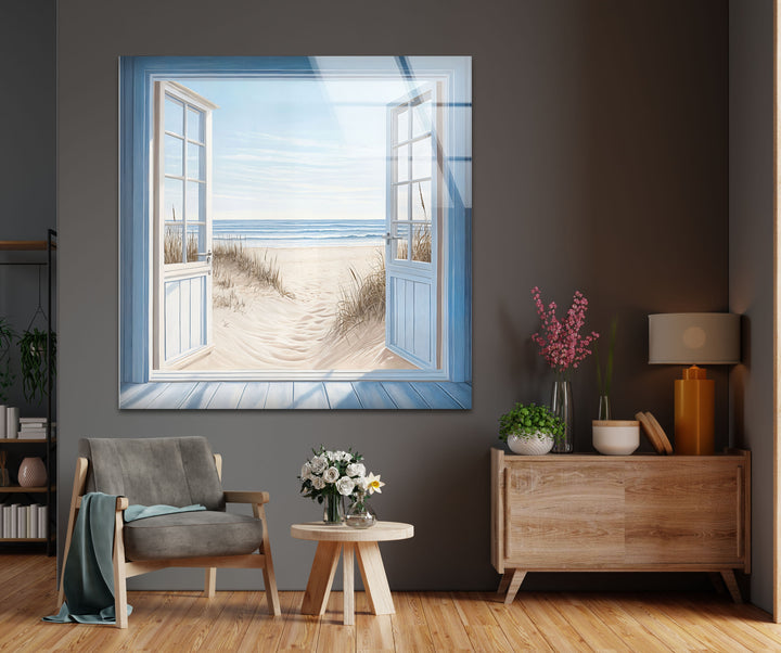 Blue Retreat – Glaswandkunst mit offenem Strandblick