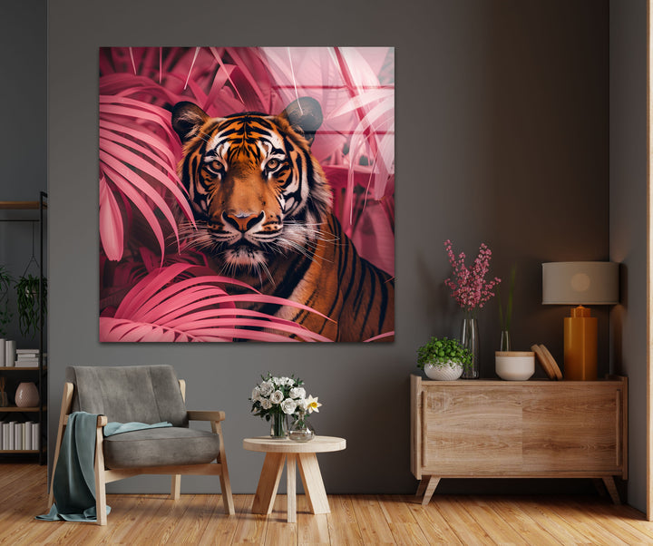 Crimson Canopy Stare – Majestic Tiger Animal Glass Wall Art