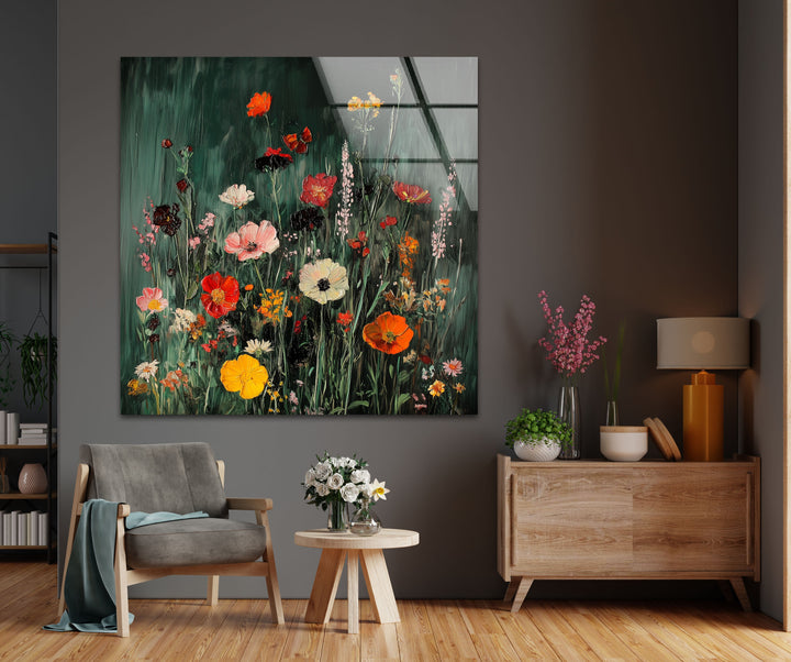 Lebendige Wildblumen in voller Blüte – Moderne florale Glaswandkunst