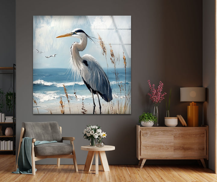 Majestic Heron by the Shoreline - Animal Glass Wall Art