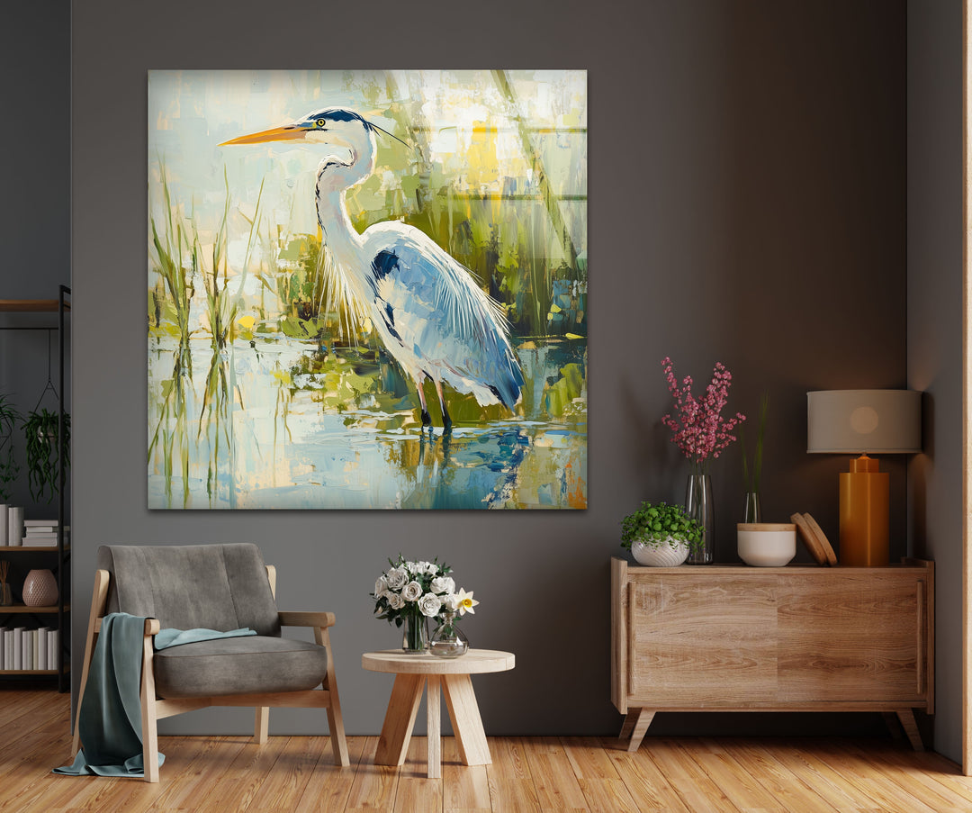 Anmutiger Reiher am Wasser – Ruhige Natur Glaswandkunst