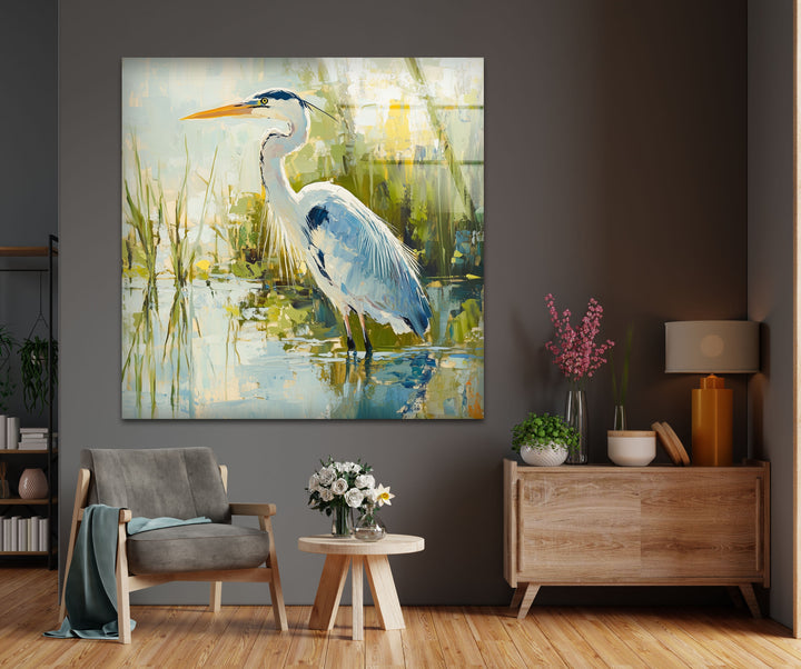 Anmutiger Reiher am Wasser – Ruhige Natur Glaswandkunst