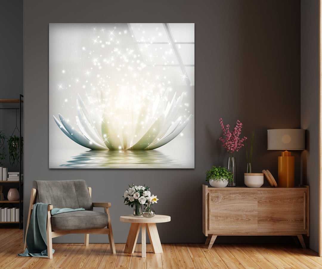 Leuchtende Lotusblüte – Funkelnd weiße Glaswandkunst