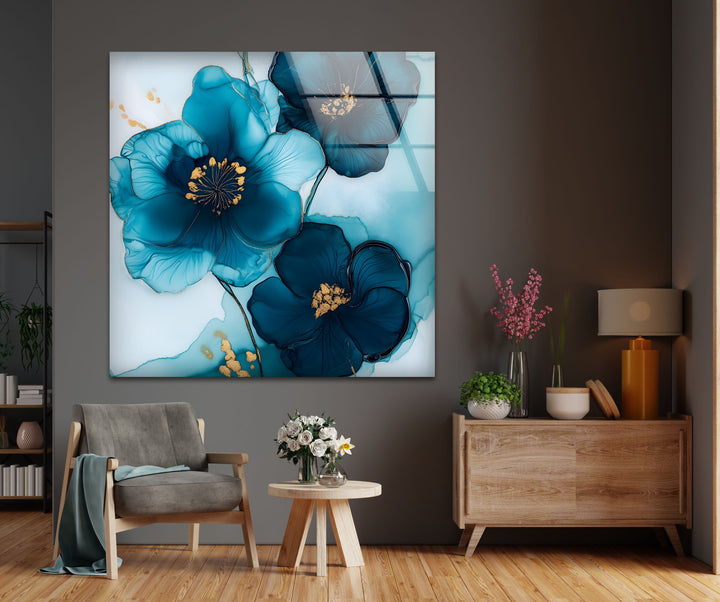 Midnight Bloom – Elegante blaue florale Glaswandkunst