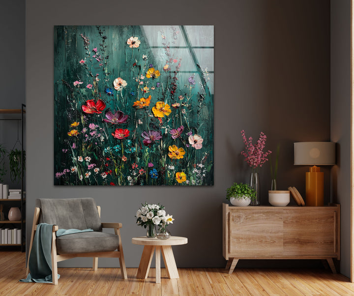 Lebendige Gartensymphonie – Strukturierte Blumen-Wandkunst aus Glas