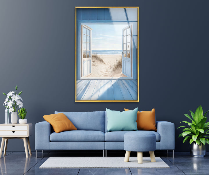Blue Retreat – Glaswandkunst mit offenem Strandblick