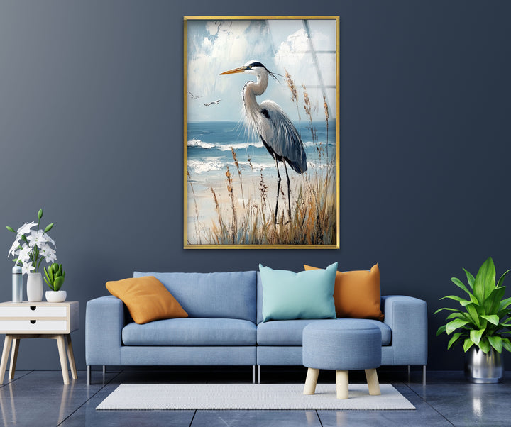 Majestic Heron by the Shoreline - Animal Glass Wall Art