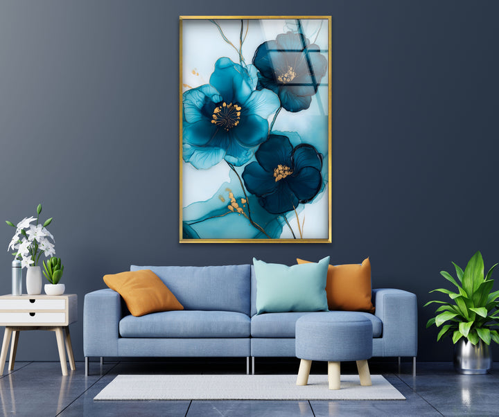 Midnight Bloom – Elegante blaue florale Glaswandkunst