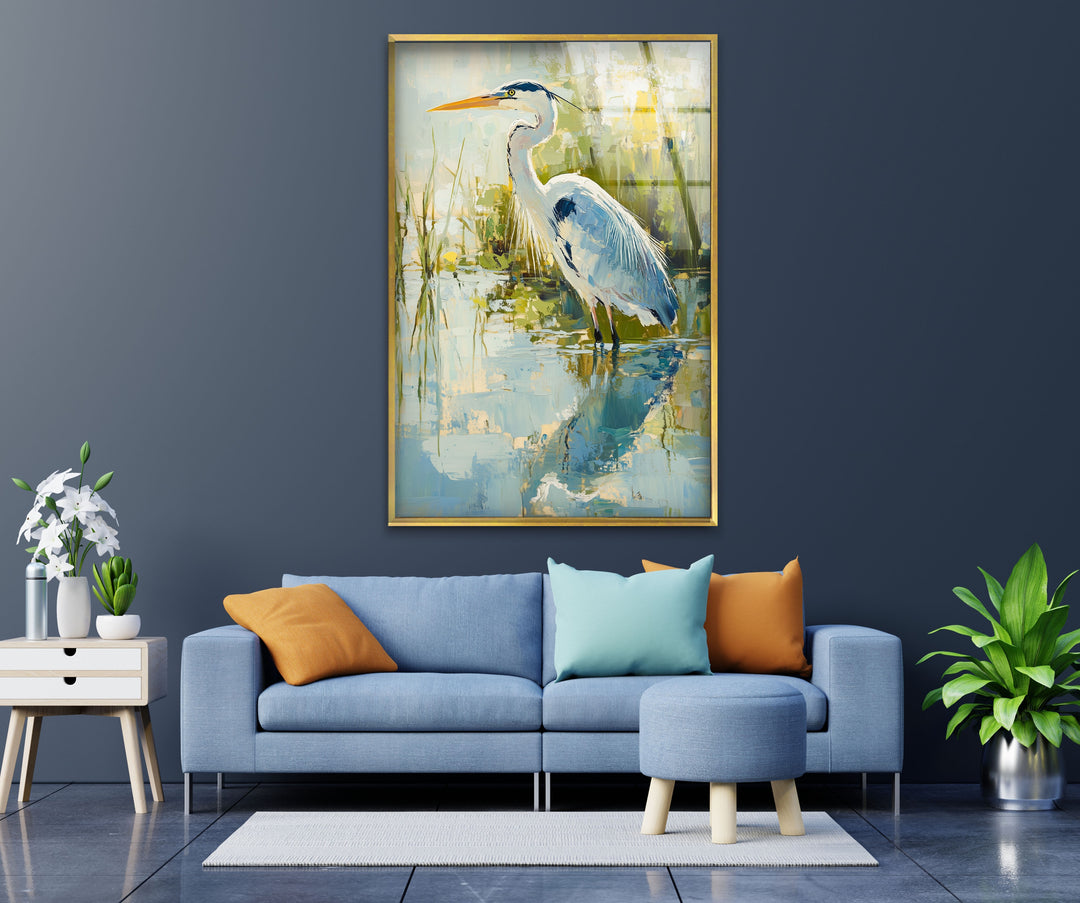 Anmutiger Reiher am Wasser – Ruhige Natur Glaswandkunst