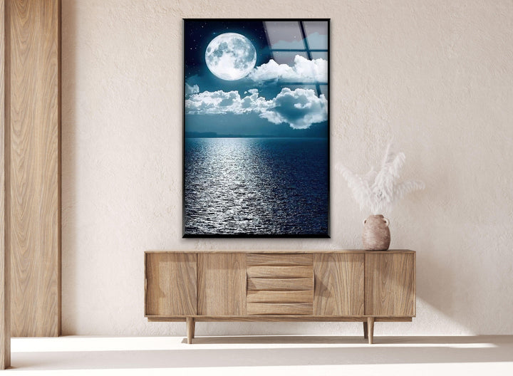 High-quality glass print of a serene nighttime ocean scene.
