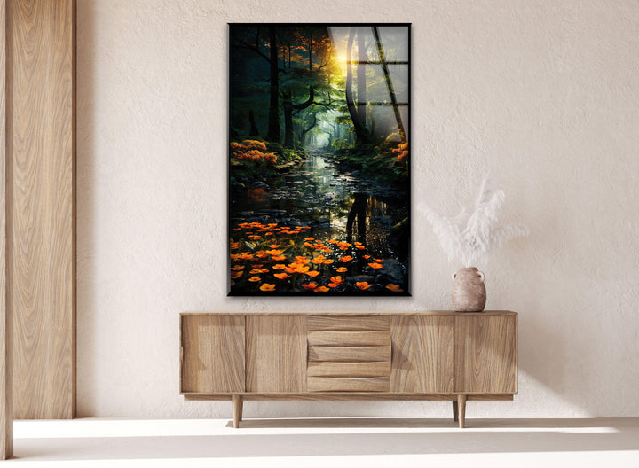 Trees & Flowers in Forest Glass Wall Art print picture on glass, Tempered Glass Wall Art
