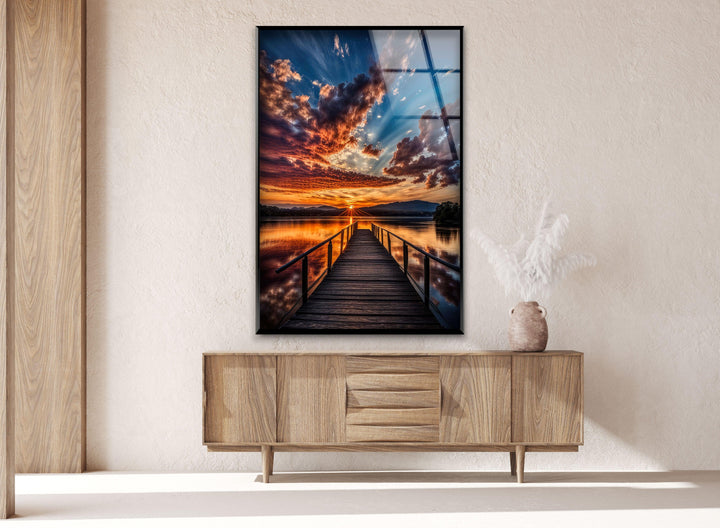 Nature-inspired wall decor featuring a peaceful wooden pier and glowing sky.
