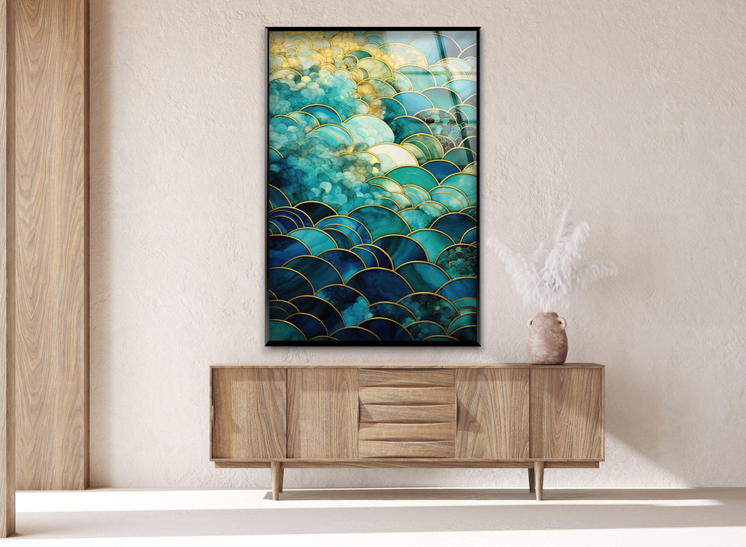 Stained Green and Gold Glass Wall Art photo print on glass, prints on glass wall art