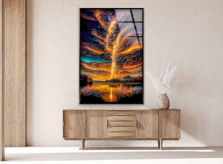 Nature-inspired wall decor featuring a dynamic lightning storm over a tranquil lake.
