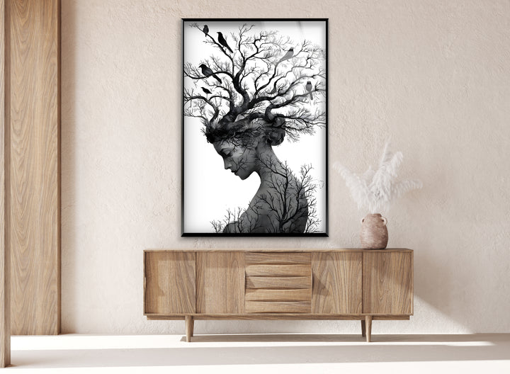 Nature’s Essence – Black & White Abstract Woman with Tree Hair Wall Art