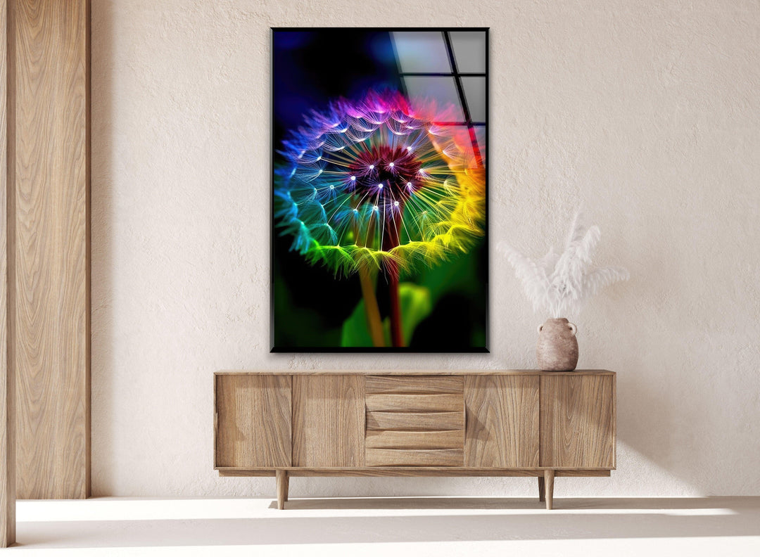 Rainbow Colors Dandelion Glass Wall Art, glass photo prints, glass picture prints