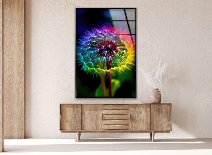 Rainbow Colors Dandelion Glass Wall Art, glass photo prints, glass picture prints