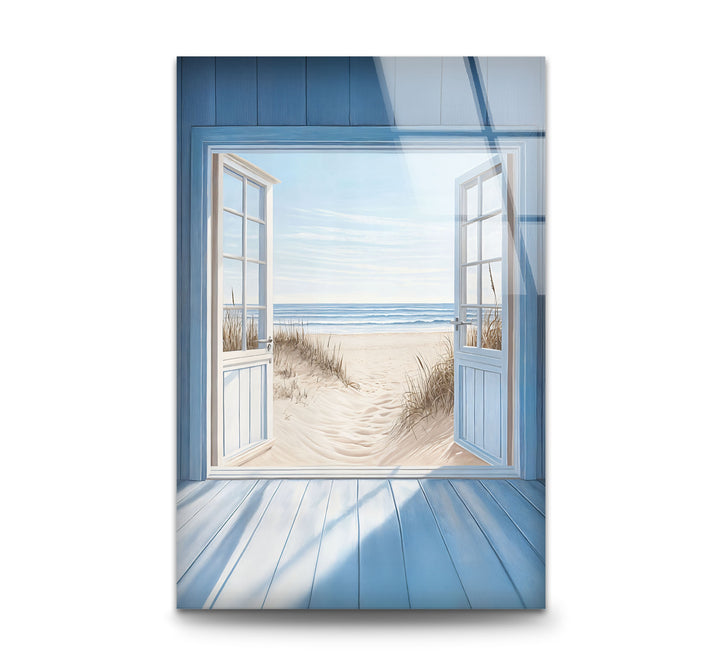 Blue Retreat – Glaswandkunst mit offenem Strandblick