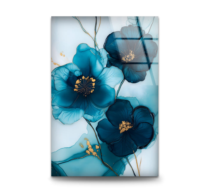 Midnight Bloom – Elegante blaue florale Glaswandkunst