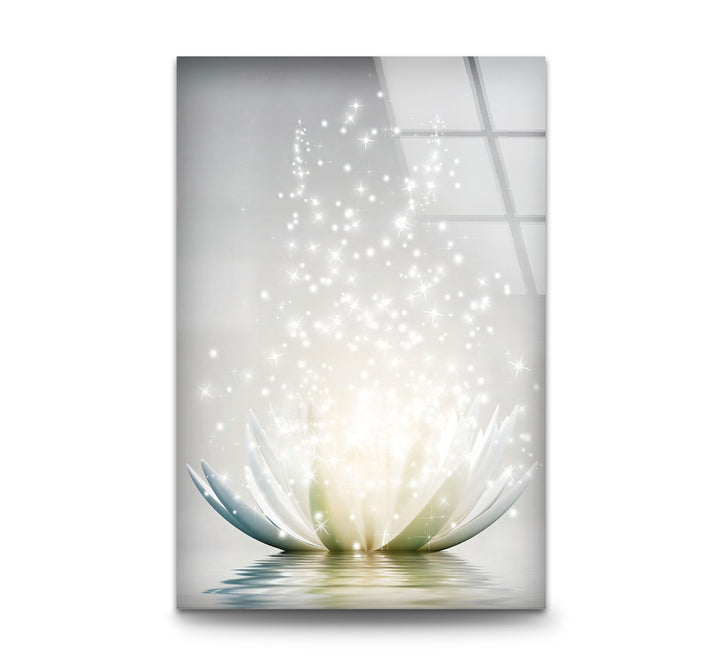 Leuchtende Lotusblüte – Funkelnd weiße Glaswandkunst