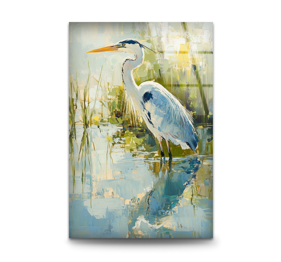 Anmutiger Reiher am Wasser – Ruhige Natur Glaswandkunst