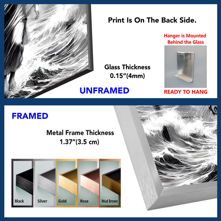 Jesus Walking on Water - Black and White Spiritual Glass Wall Art