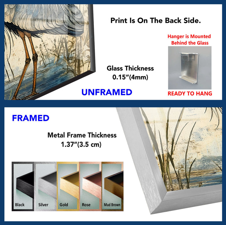 Marshland Poise – Vintage Reiher Illustration Glaswandkunst