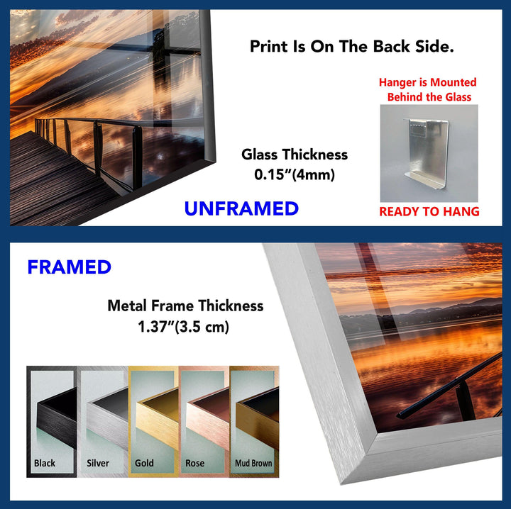 Sunset Pier Glass Wall Art: A Tranquil Lake Reflection