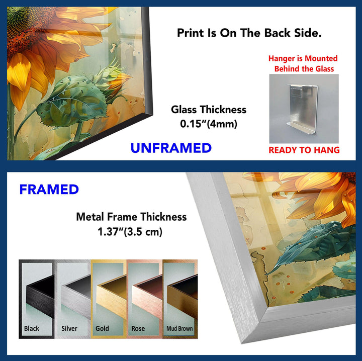 Watercolor Sunflower Glass Wall Art, large glass photo prints, glass wall photos