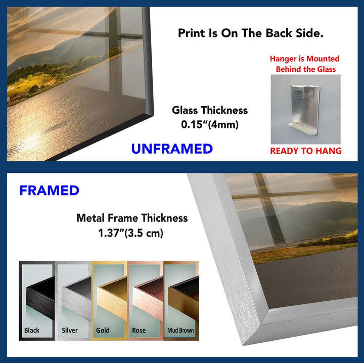 Golden Sunset Glass Wall Art: A Tranquil Lake and Mountain View