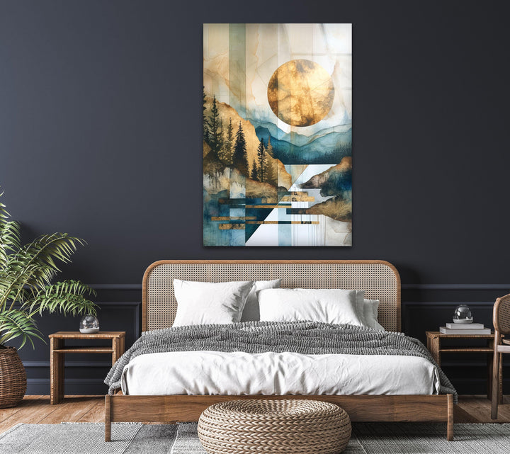 Abstract Golden Sun Glass Wall Art showcasing a modern geometric view of mountains and nature.
