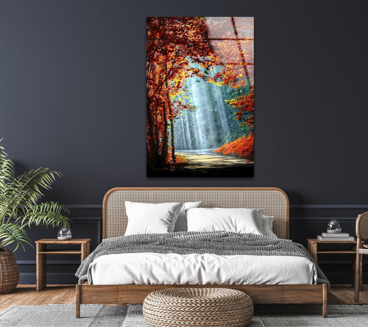 Stunning autumn forest with a winding golden pathway and radiant beams of sunlight.

