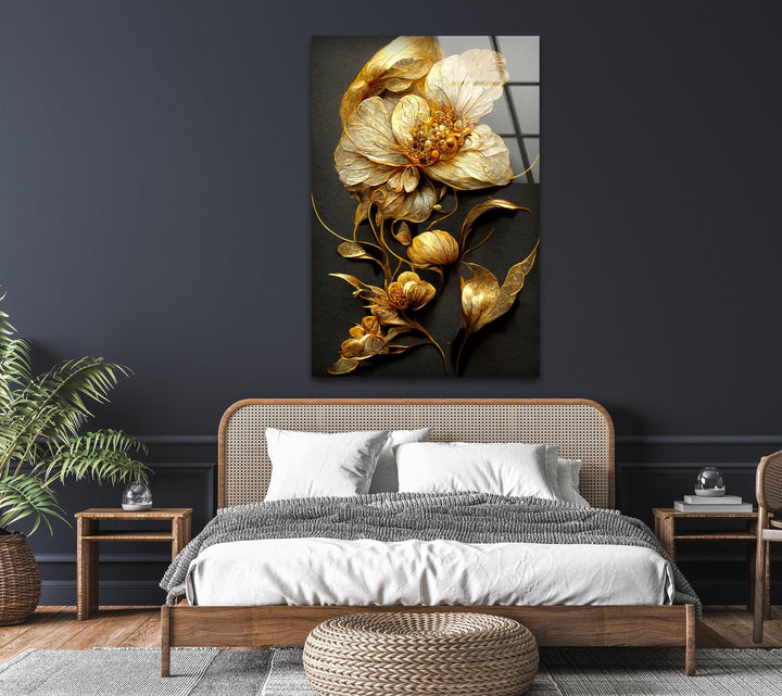 Elegant Golden Flower Glass Wall Art, glass pictures for Wall, glass prints wall art