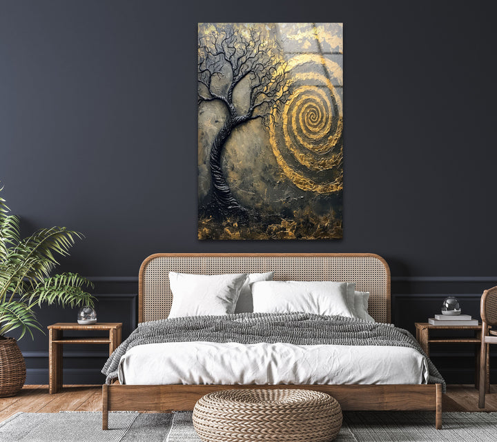 Golden Vortex and Tree Decorative Abstract Wall Art on Glass