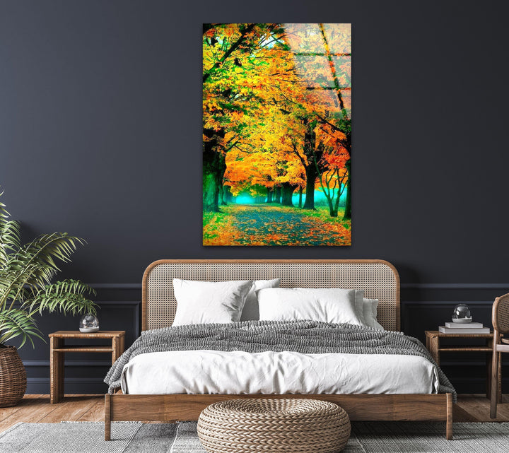 Enchanting autumn scenery with a forest trail, bringing warmth and depth to any space.
