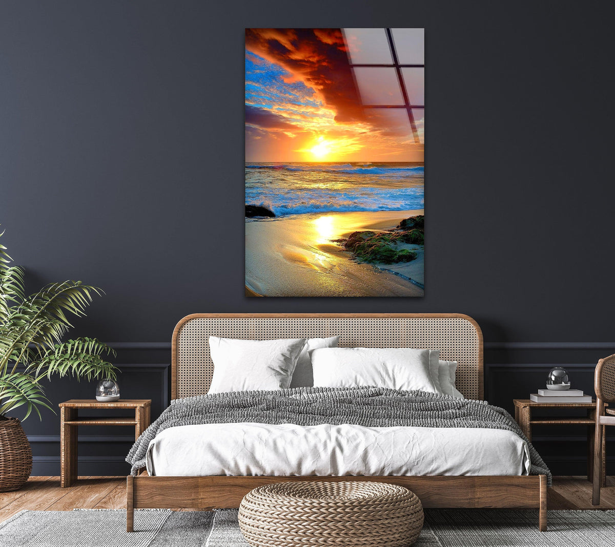 Tranquil atmosphere with a glass wall art print featuring a vivid golden sunset and calm waves, offering unique modern wall decor to evoke coastal serenity.