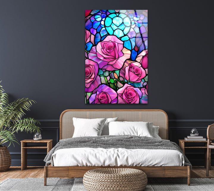 Pink Roses Stained Glass Wall Art, glass image printing, glass prints from photos