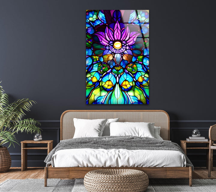 Stained Purple Floral Glass Wall Art, glass image printing, glass prints from photos