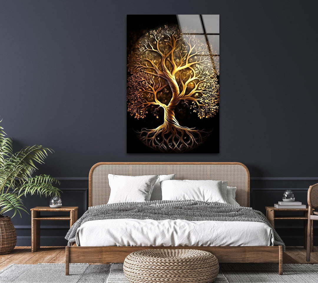 Golden Life of Tree Glass Wall Art, Glass Printing Wall Art, Print photos on glass