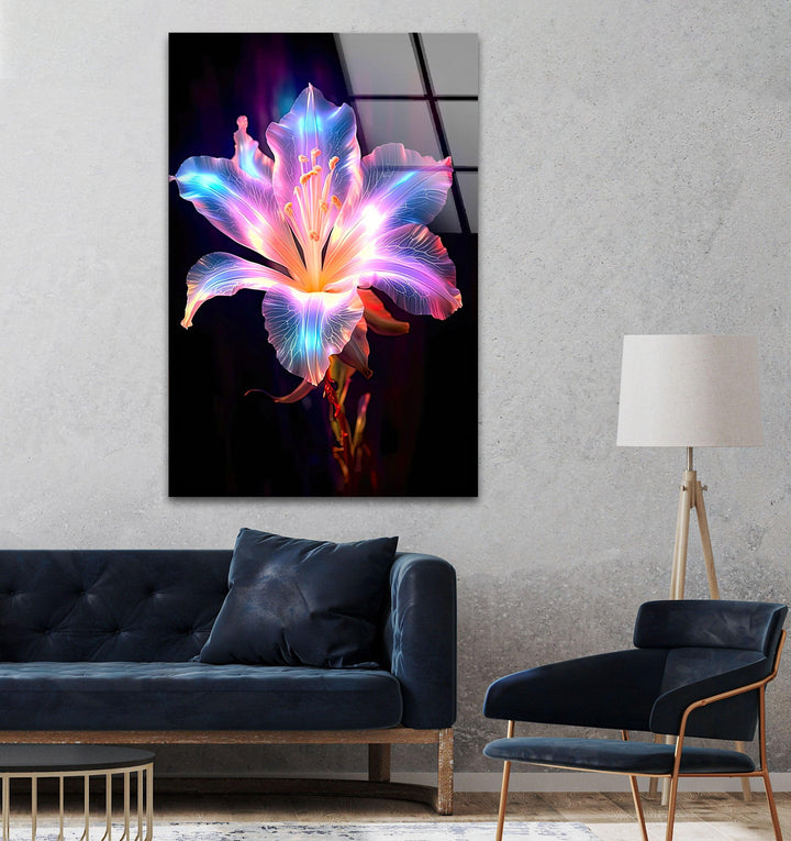 Neon Lily Flower Glass Wall Art, custom glass pictures, glass art prints