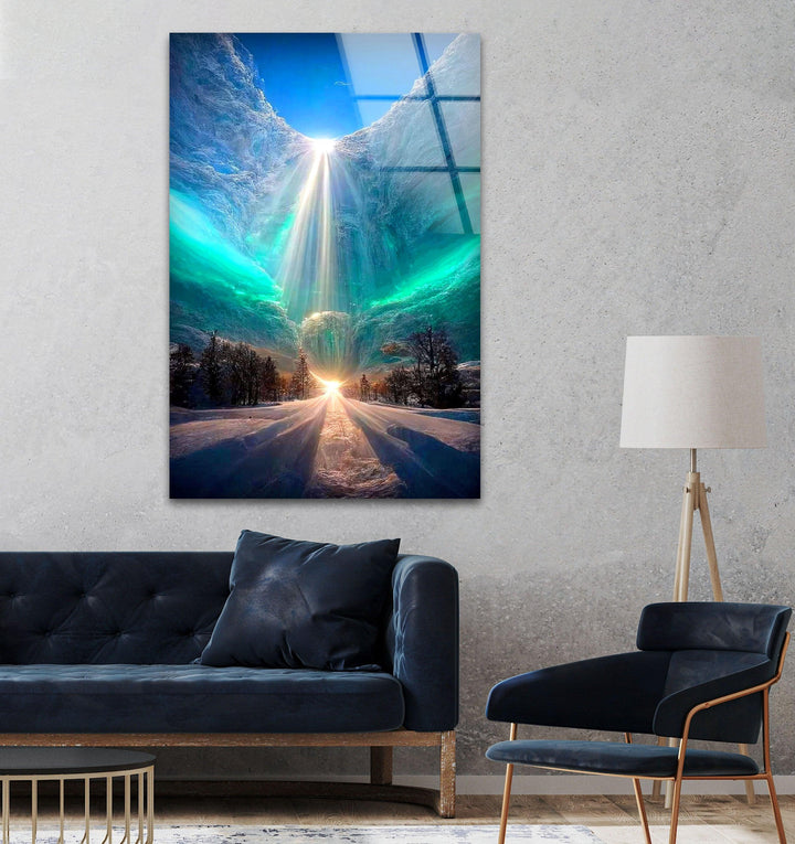 Mystical ice valley glass print with a magical light burst from the sky.

